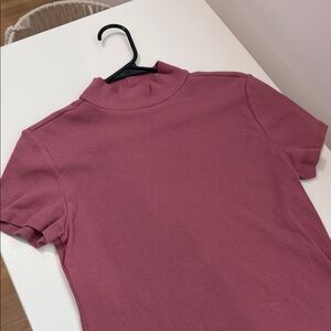 Maeve Anthropologie Mock Neck Short Sleeve Top in Dusty Rose